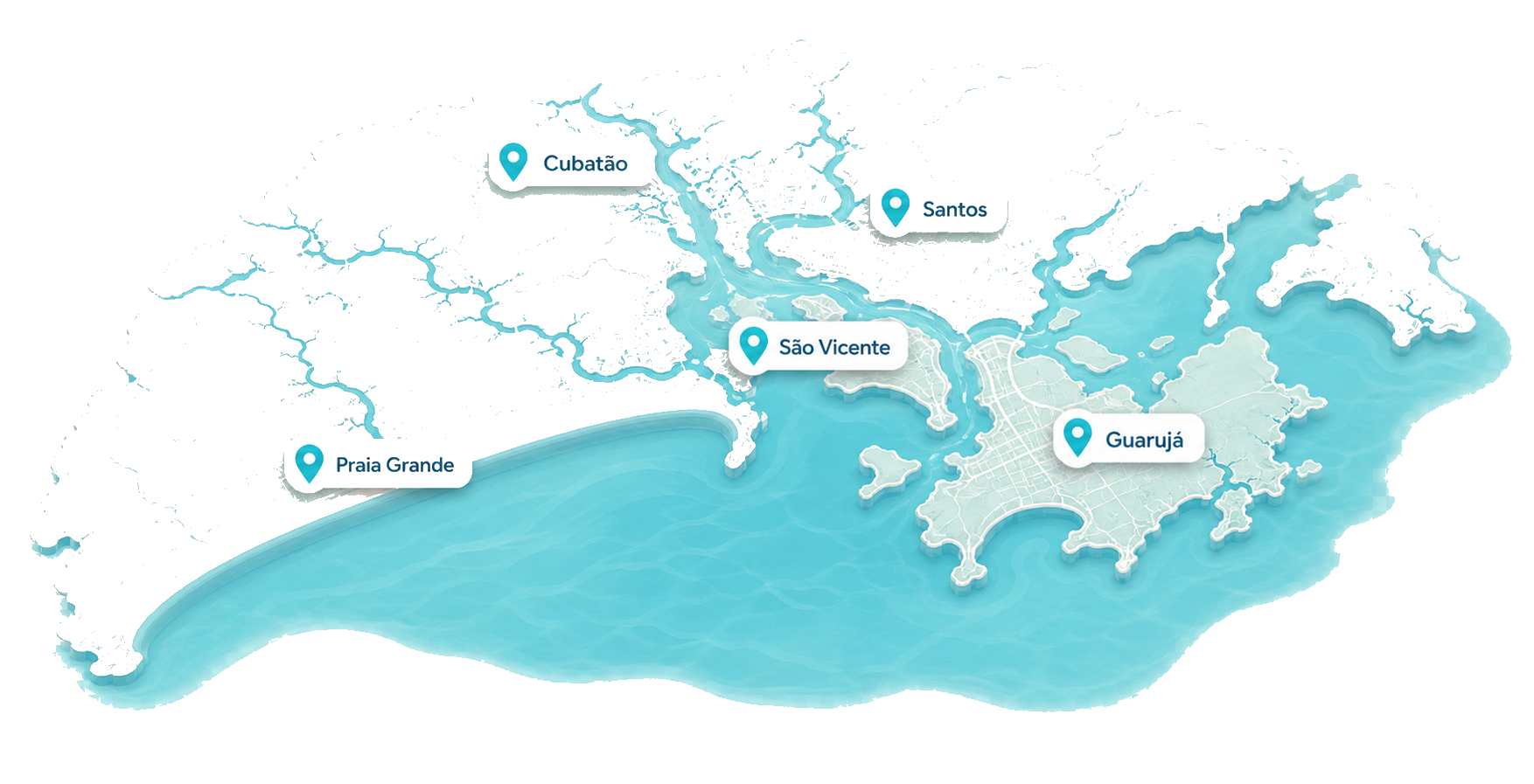 Mapa ilustrado da Baixada Santista com Santos, São Vicente, Praia Grande, Guarujá e Cubatão