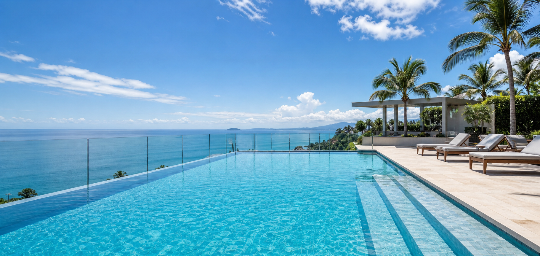 Piscina de água azul cristalina em ambiente sofisticado à beira-mar